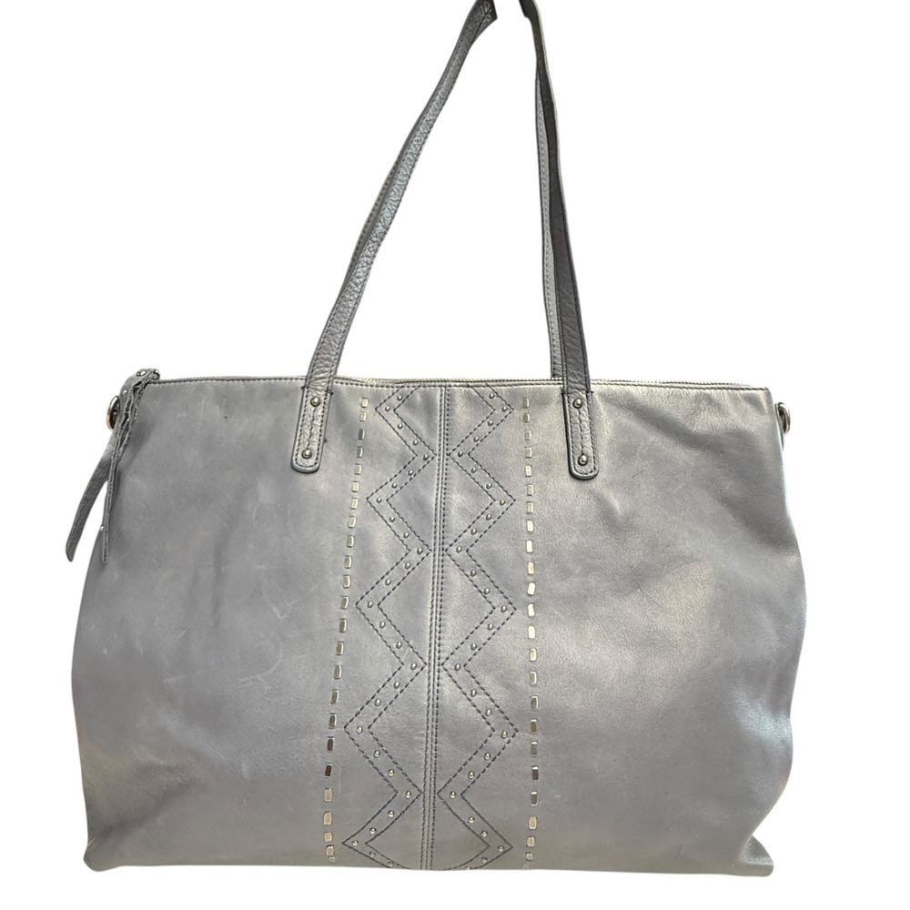 Lucky‎ Brand Leather Tote Bag Womens Large Blue Grey Studded Zigzag Boho